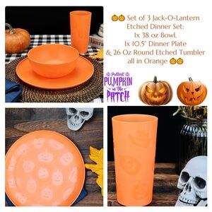 💐🎃Jack-O-Lantern Etched 3 Piece Dinnerware Set- 1x Dinner Plate Bowl Cup🎃🎃